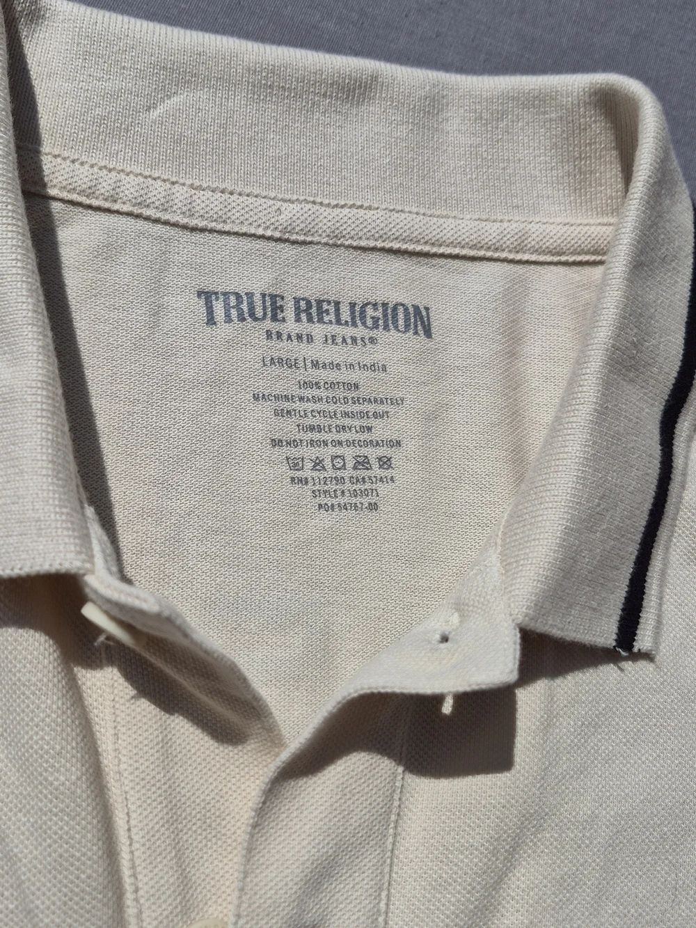 True Religion Men’s Cream Polo with Black Trim Size Large MSRP 69.99